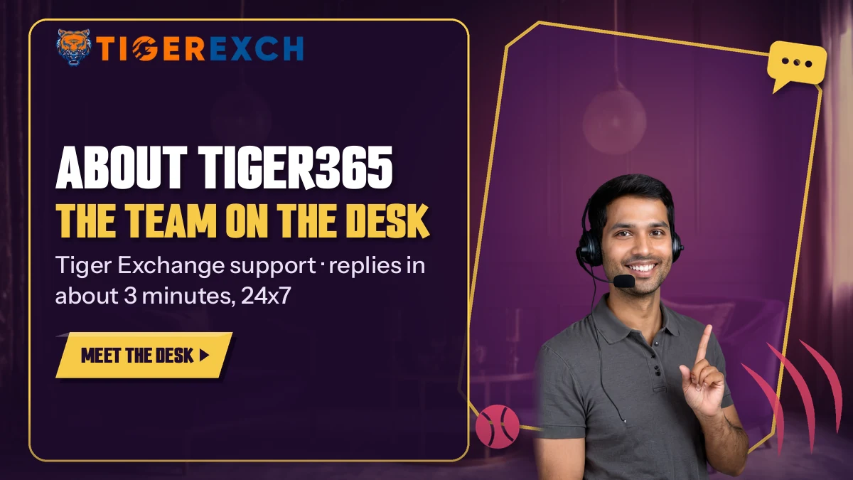 Headset support host raising one finger beside the About Tiger365 banner for the Tiger Exchange desk team