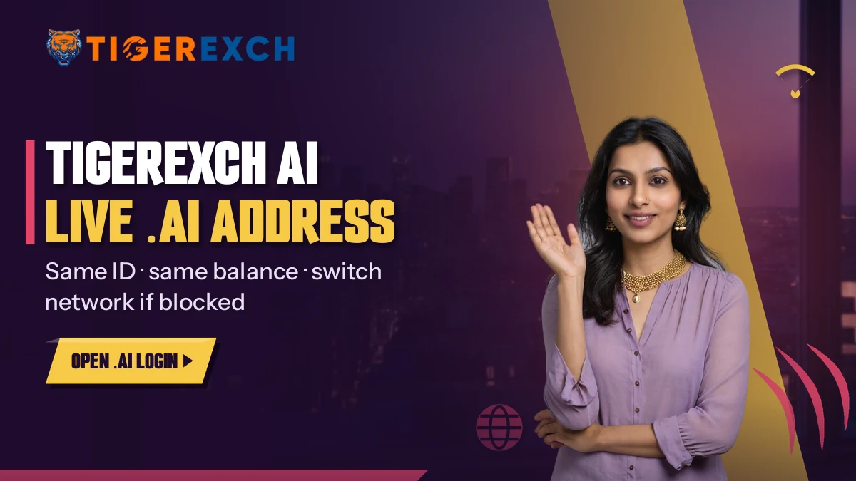 Woman in a lilac blouse waving beside the live Tigerexch AI address banner