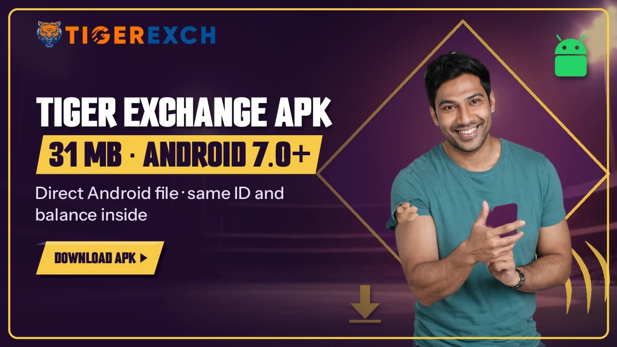 Man in a teal tee holding one phone beside the 31 MB Tiger Exchange APK banner for Android 7.0 and up