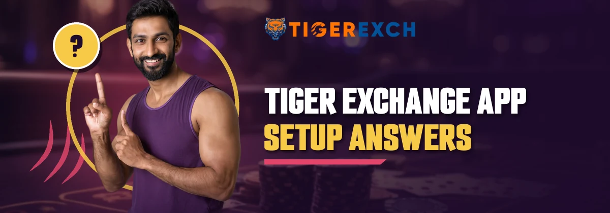 Man in a purple vest pointing at the Tiger Exchange app setup questions strip