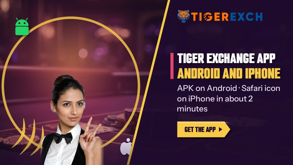 Hostess in a bow tie pointing at the Tiger Exchange app banner covering Android and iPhone installs