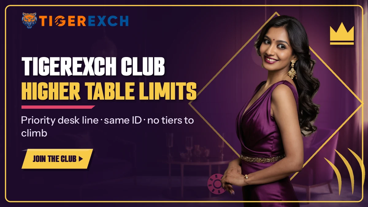 Woman in purple satin beside the Tigerexch Club banner for higher table limits