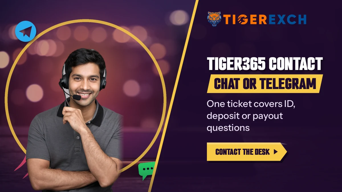 Headset desk agent beside the Tiger365 contact banner offering chat or Telegram