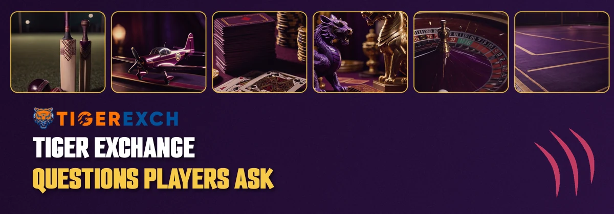 Strip of Tiger Exchange cricket and casino tiles above the questions players ask most