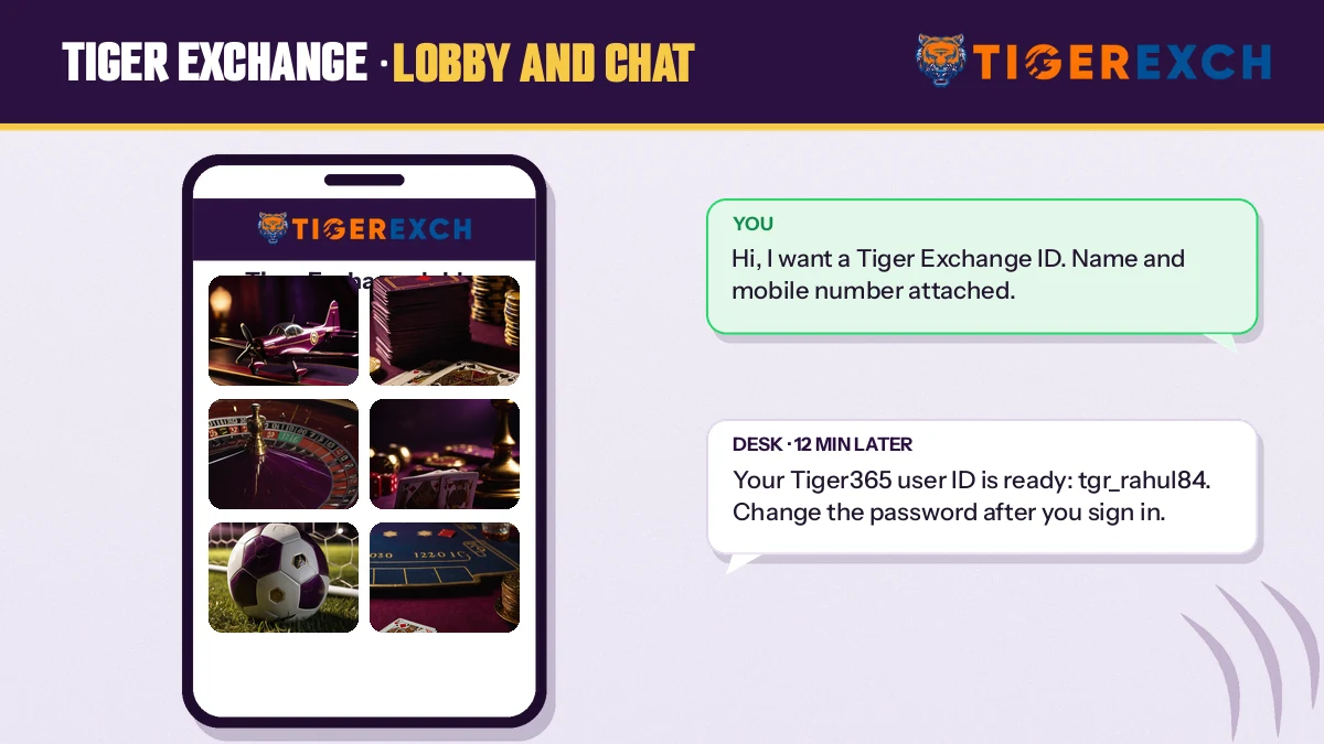 Phone showing the Tiger Exchange lobby beside a chat with a fresh Tiger365 user ID