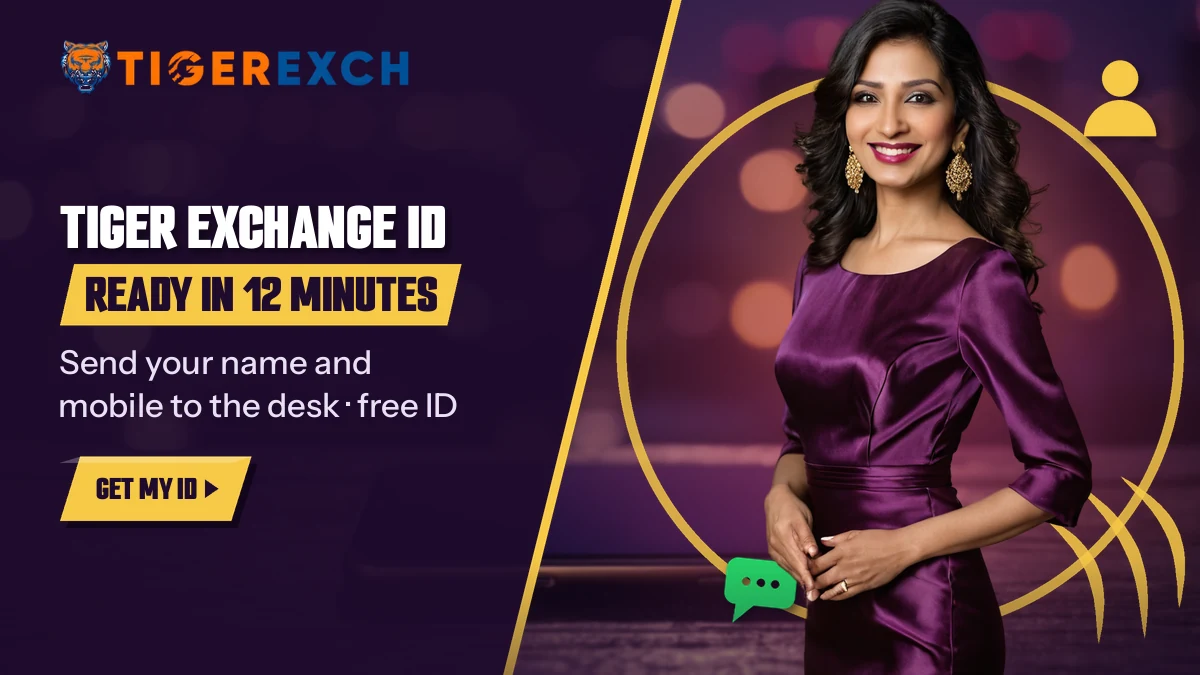 Woman in a purple satin dress beside a banner saying a Tiger Exchange ID is ready in about 12 minutes