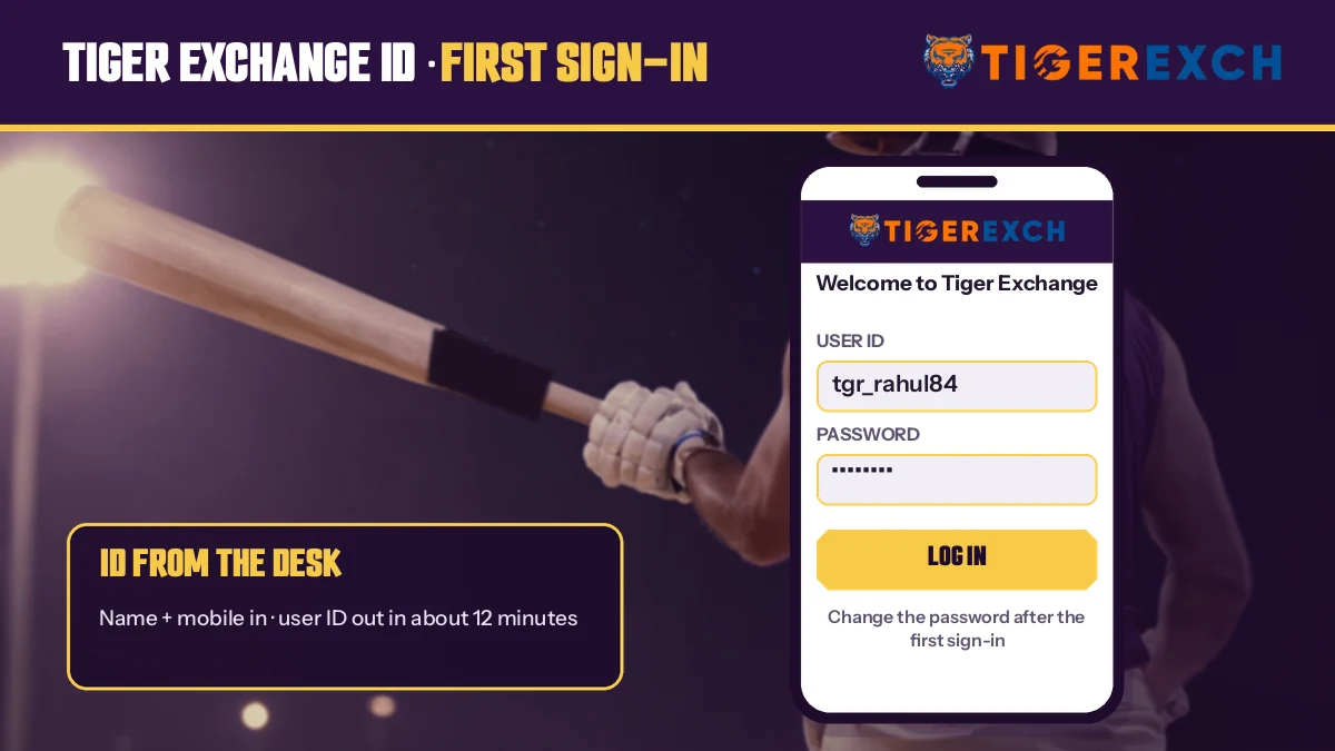 Phone with the Tiger Exchange sign-in fields filled with a new user ID over a cricket batting backdrop