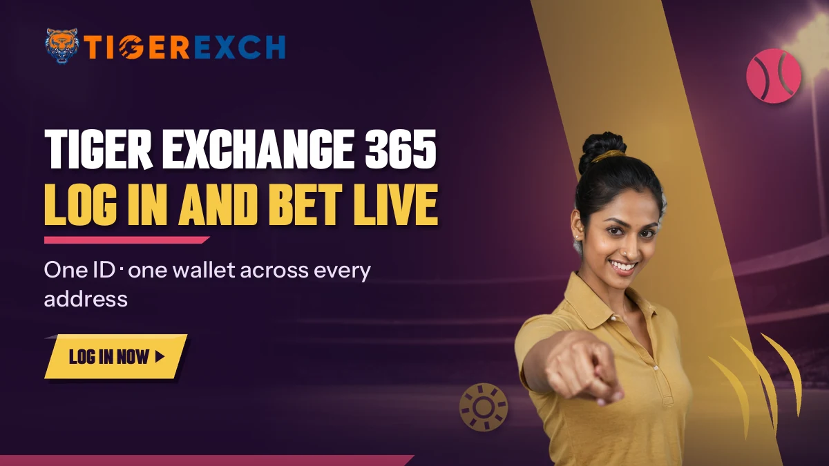 Woman in a mustard polo pointing forward from the Tiger Exchange 365 log in and bet live banner