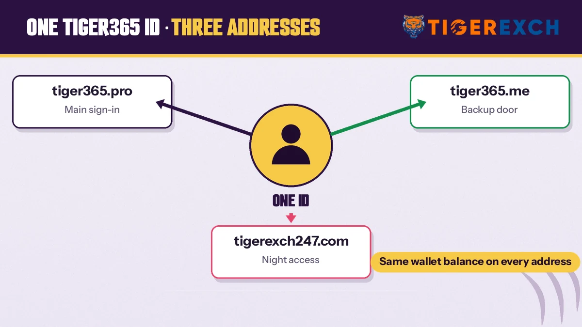 Diagram of one Tiger Exchange ID opening the 365, 247 and me addresses with a shared wallet