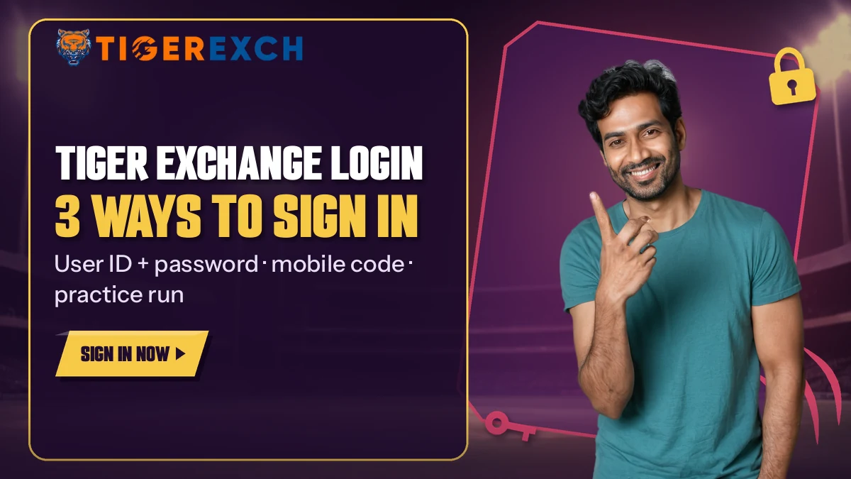 Man in a teal tee pointing beside a banner listing three ways into Tiger Exchange login
