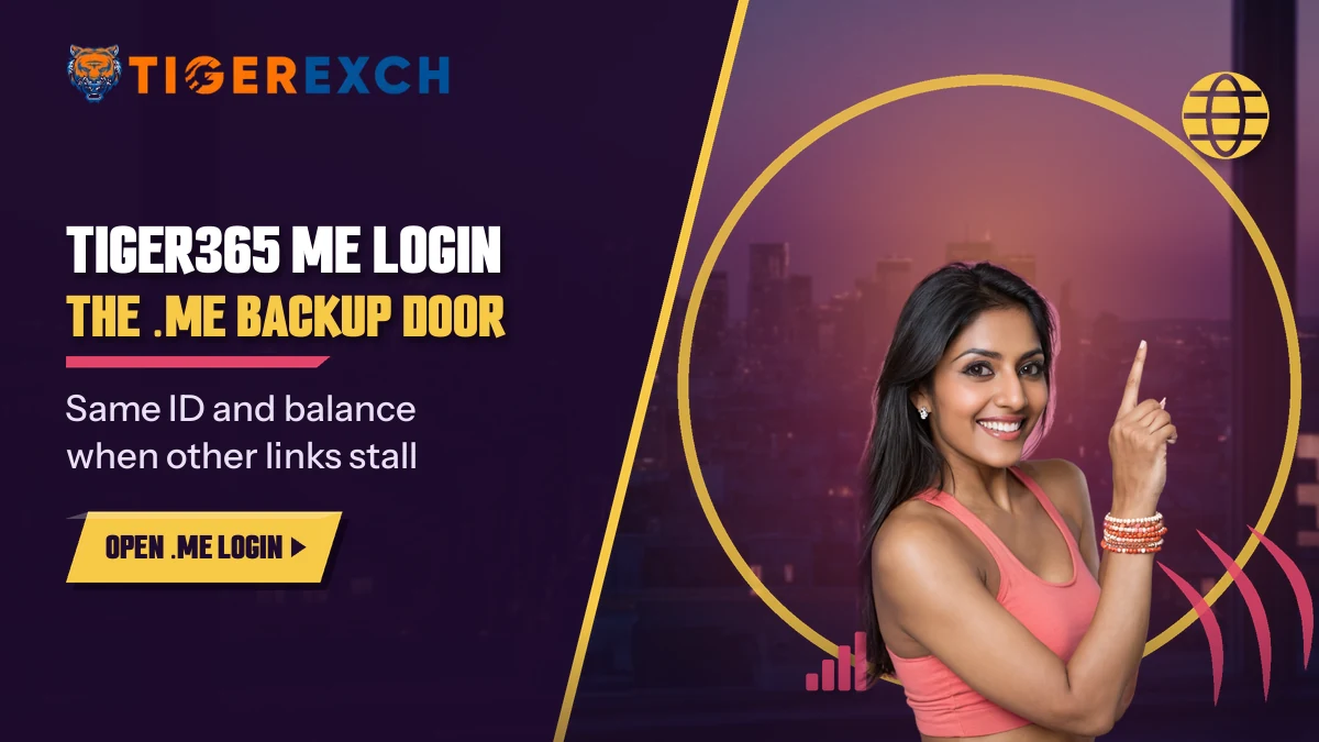 Woman in a coral top pointing at the tiger365.me backup door banner on a night skyline
