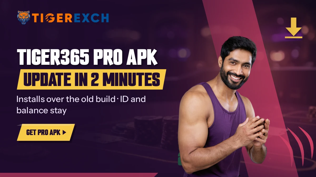 Man in a purple vest with clasped hands beside the Tiger365 Pro APK two-minute update banner