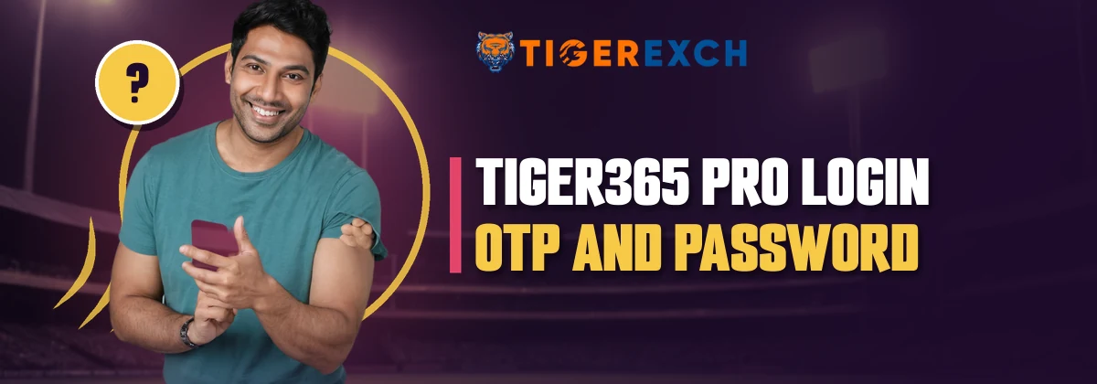 Man in a teal tee holding a phone beside the Tiger365 Pro OTP and password questions strip
