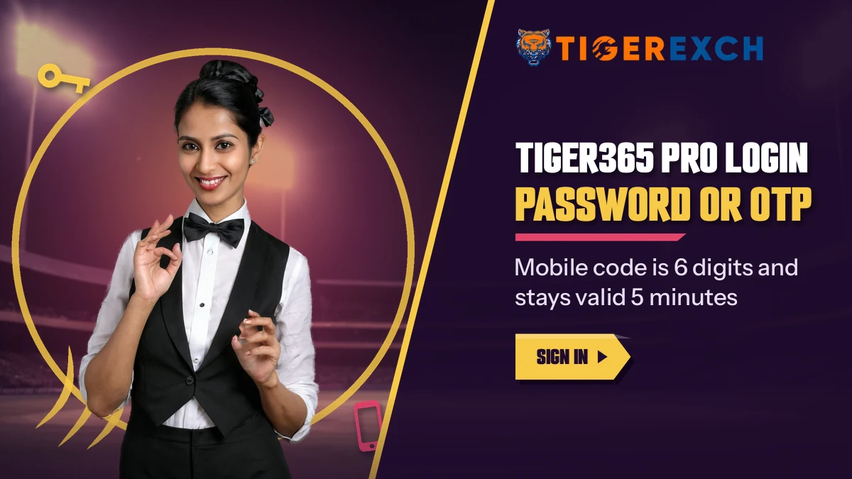Hostess in a bow-tie vest beside the Tiger365 Pro login banner for password or OTP entry