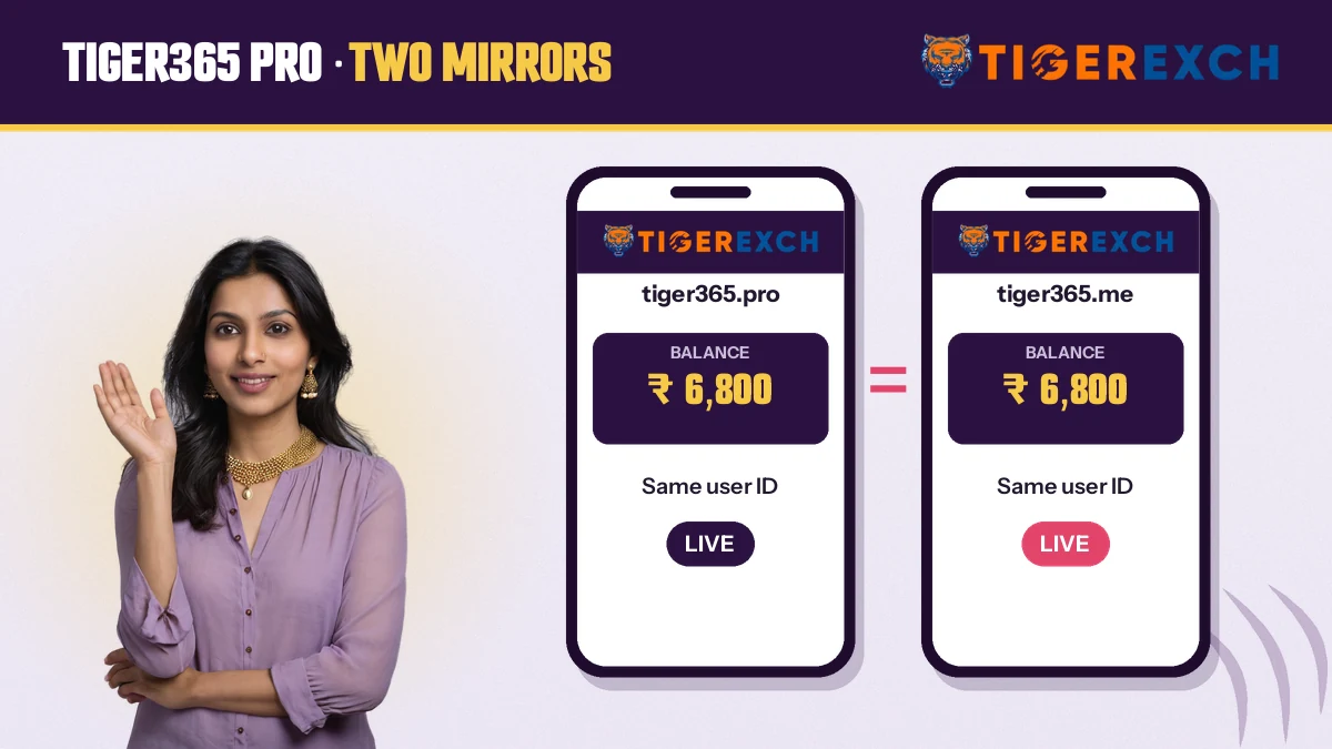 Smiling woman in a lilac blouse beside two Tiger Exchange mirror phones showing the same balance