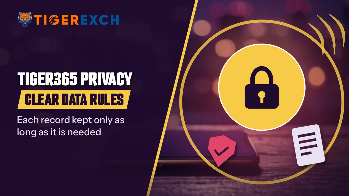 Gold padlock, document and shield icons on the Tiger365 privacy banner about keeping data only as needed