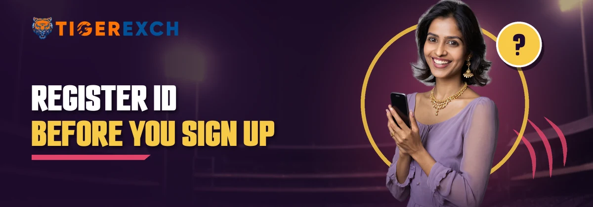 Woman in a lilac blouse with a phone beside the Tiger Exchange register ID questions strip