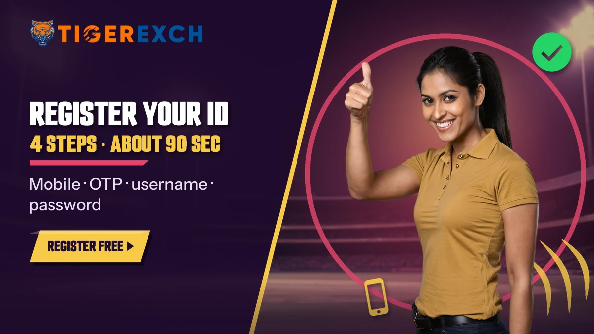 Woman in a mustard polo giving a thumbs-up beside the four-step Tiger Exchange register ID banner