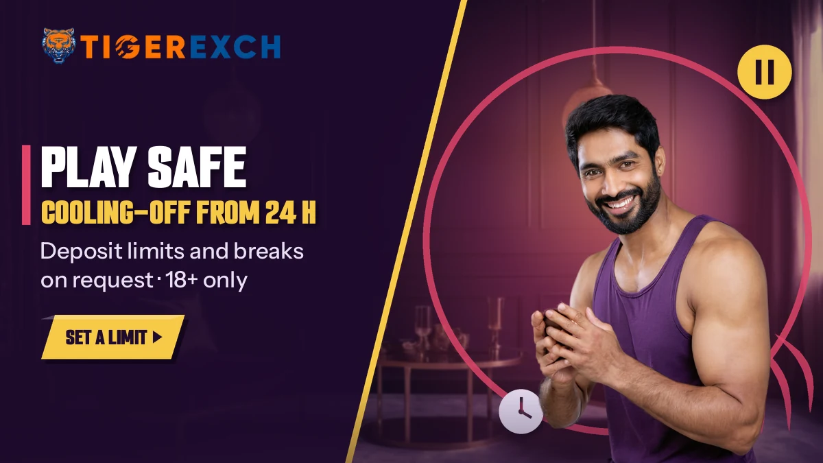Man in a purple vest beside the play safe banner offering cooling-off breaks from 24 hours