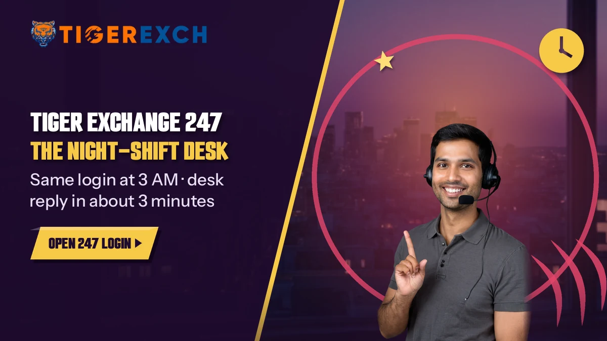 Headset support host pointing up beside a night city banner for the Tiger Exchange 247 late-shift desk
