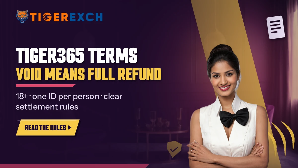 Hostess in a white blouse and bow tie beside the Tiger365 terms banner on void bet refunds