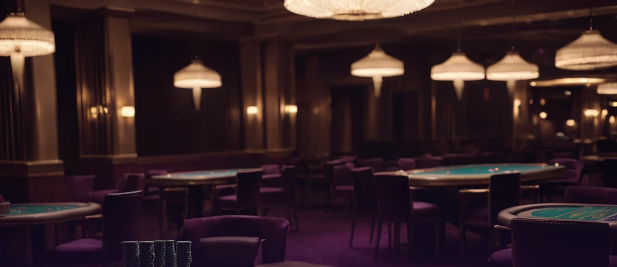 Wide casino floor tile with dealer tables and playing cards