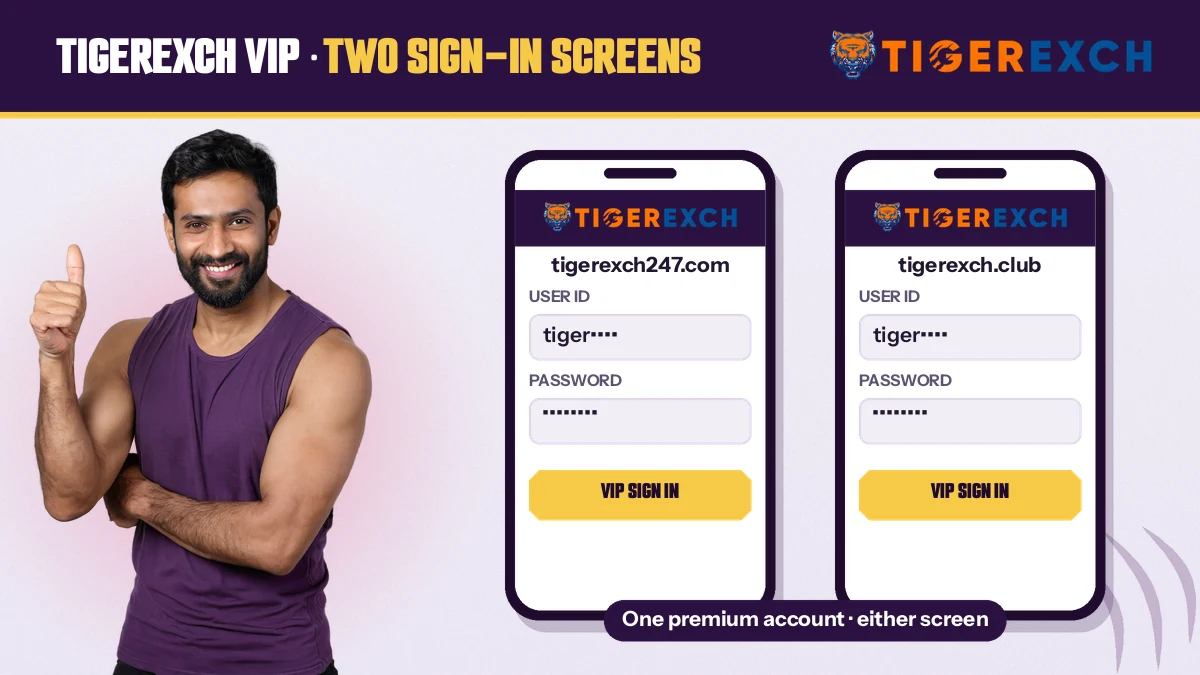 Man in a purple vest giving a thumbs-up beside the 247 and club sign-in screens of one premium Tiger Exchange account