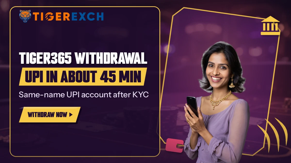 Woman in a lilac blouse holding a phone beside the Tiger365 withdrawal banner on same-name UPI in about 45 minutes